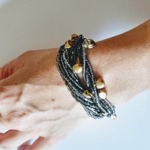 Gypsy boho beaded brass bells bracelet gray